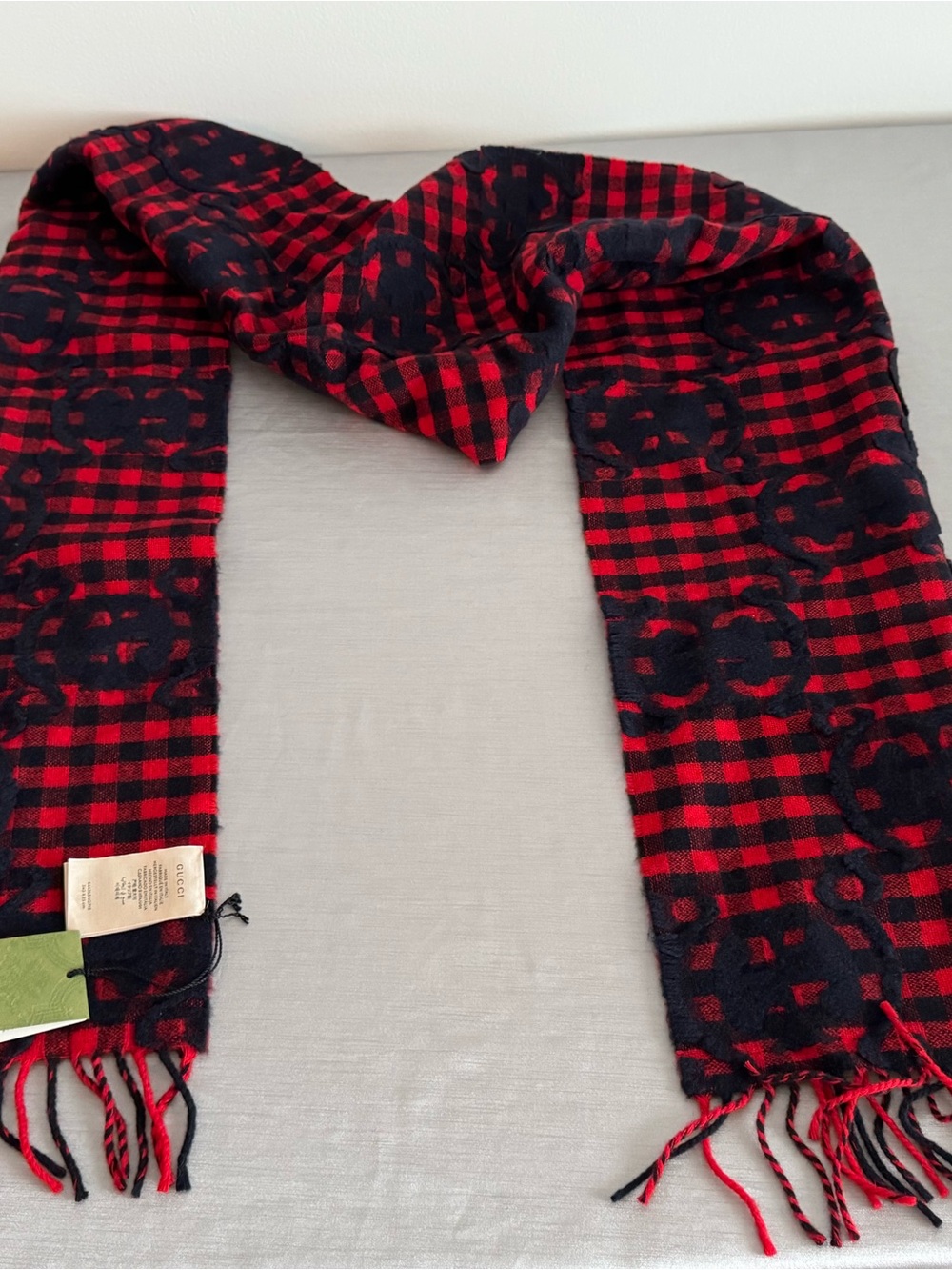 Gucci Red and Black Plaid Logo Scarf